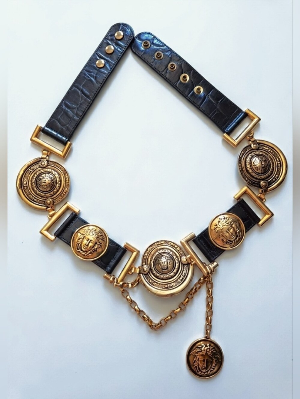 Versace Stunning Vintage Medusa Medallions Gold Chain & Leather Catwalk Belt